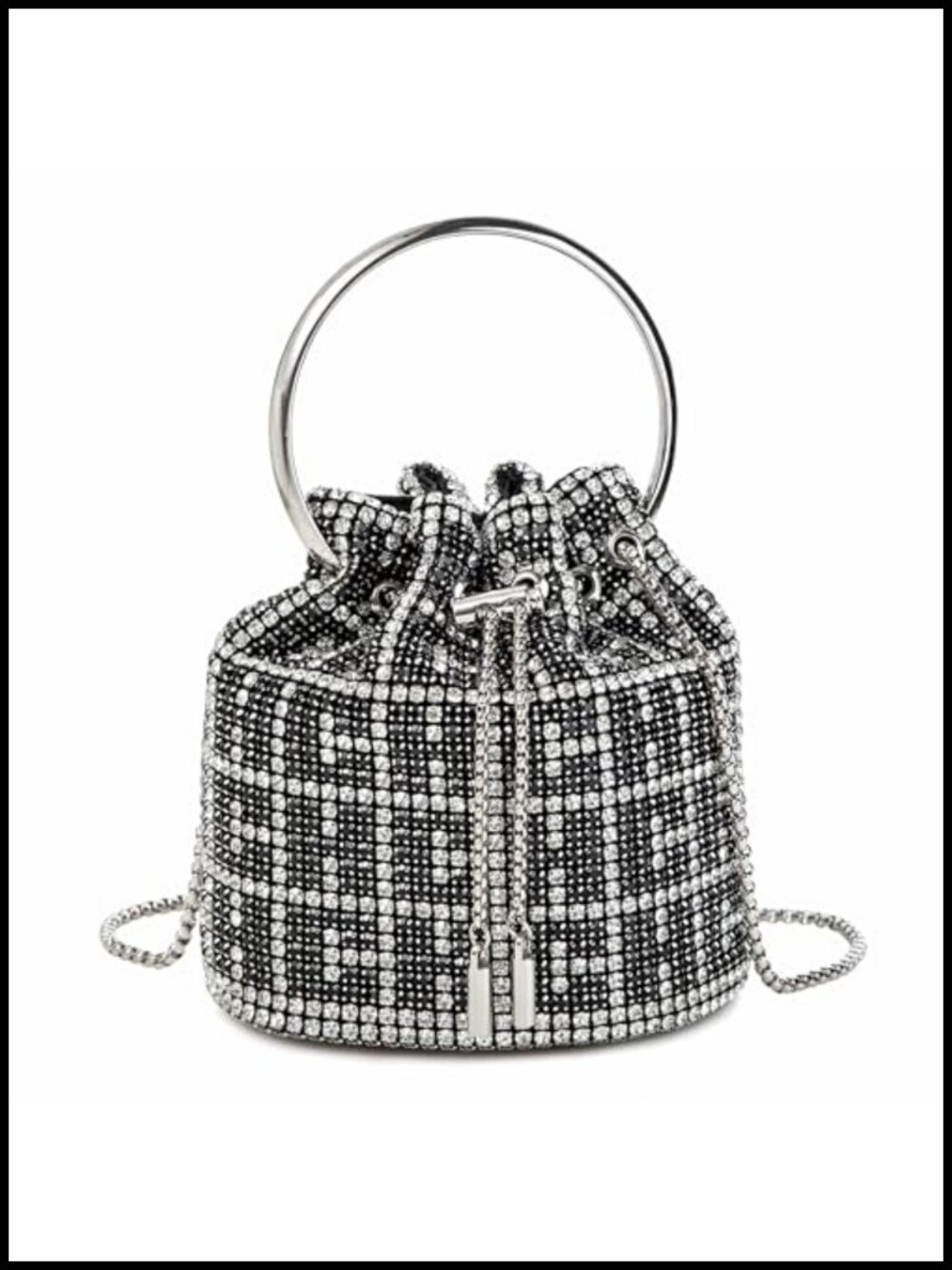 Rhinestone Bucket Bag Ring Handle Sparkling Evening Clutch with Detachable Strap